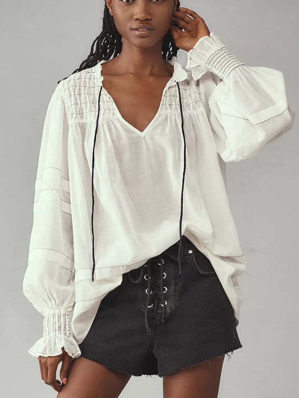 By Anthropologie Long-Sleeve Airy Babydoll Blouse white black size large